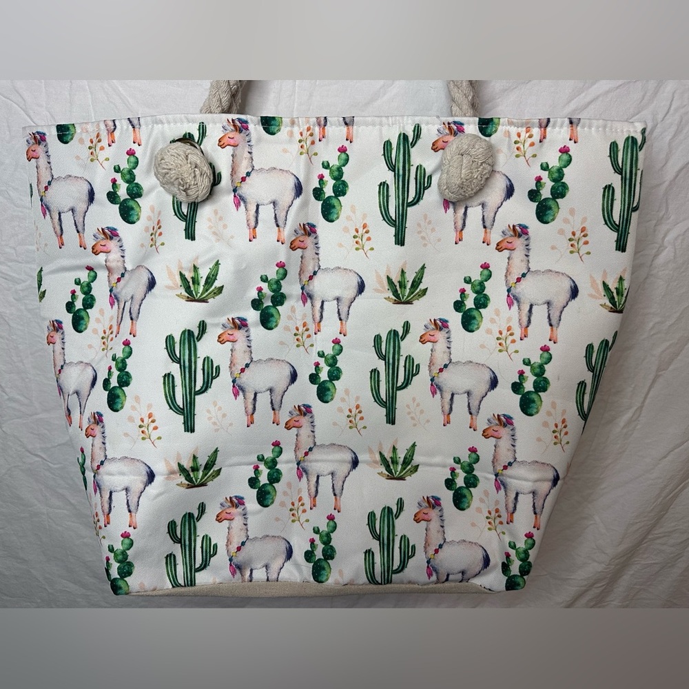 Llama & Cactus Canvas Tote Bag | Rope Handles | Boho Beach Bag